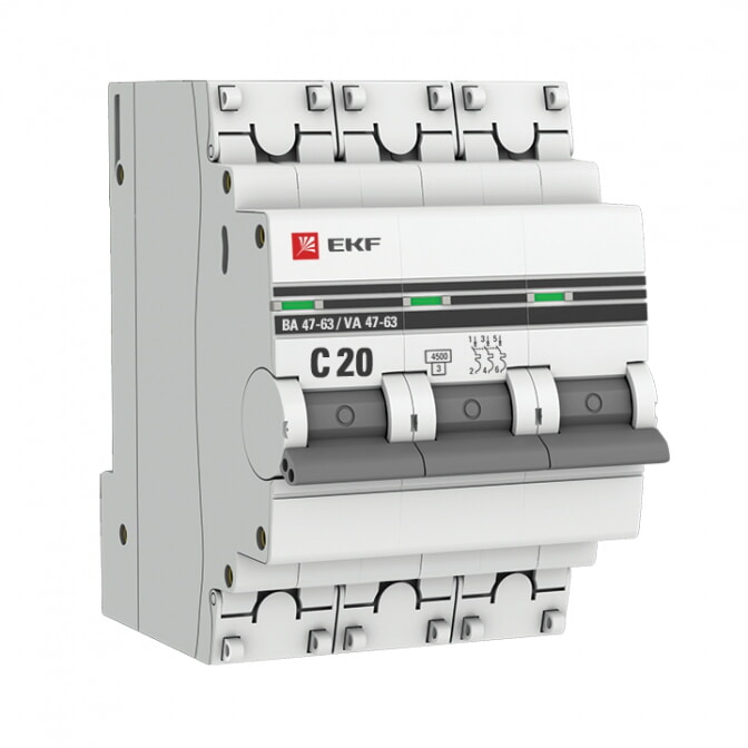 EKF Автоматический выключатель 3P 20А (C) 4,5kA ВА 47-63 PROxima