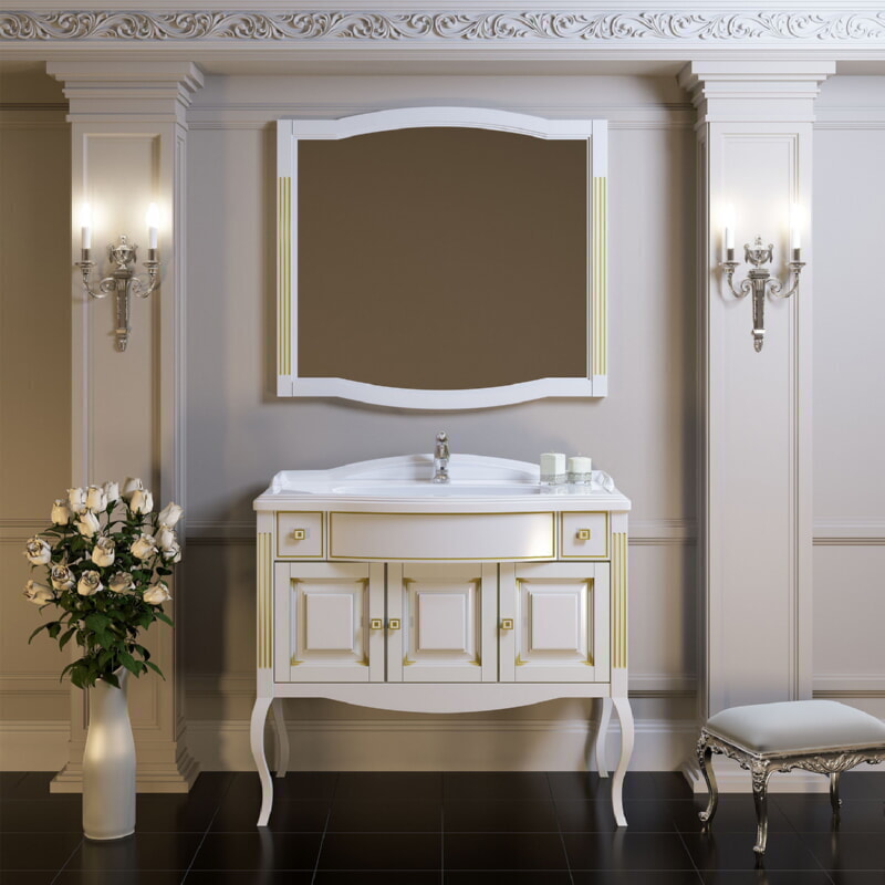 Opadiris Лаура 100 Комплект мебели Белый с золотой патиной+Лаура раковина 100 + зеркало