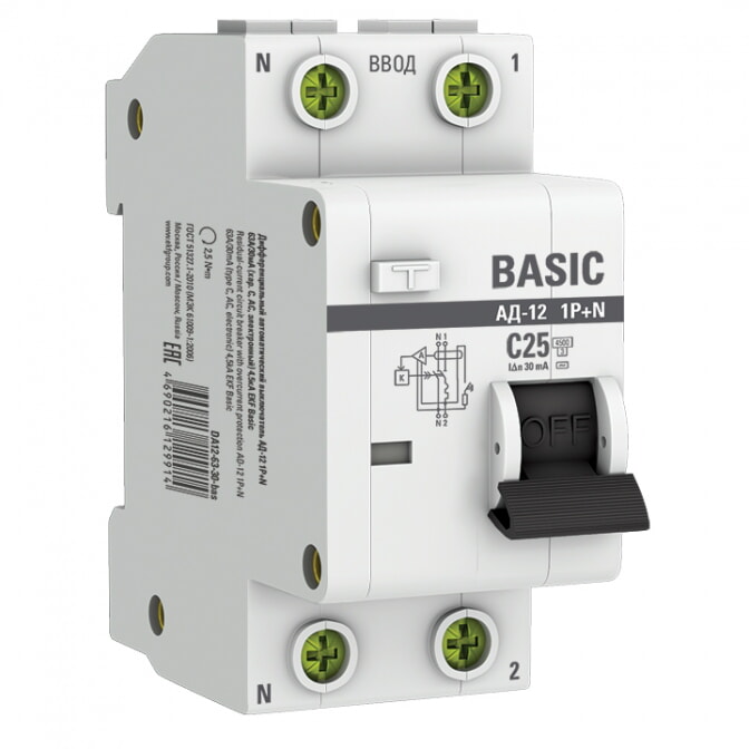 EKF Автоматический выключатель дифференциального тока 1P+N 25А 30мА тип АС х-ка C эл. 4,5кА АД-12 Basic